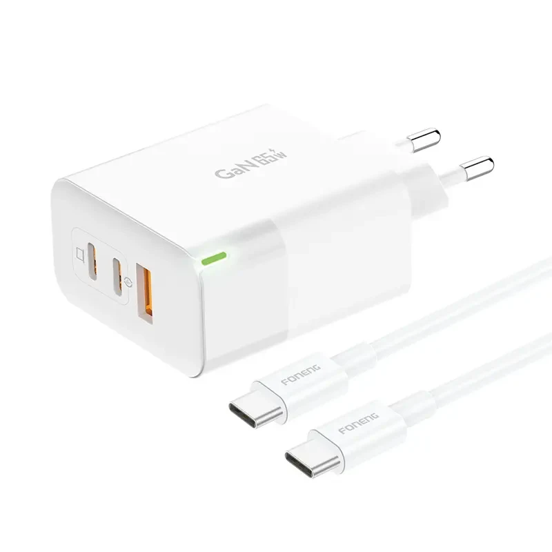 3-Port Fast Charger – 65W Power with USB-A + Dual USB-C Output